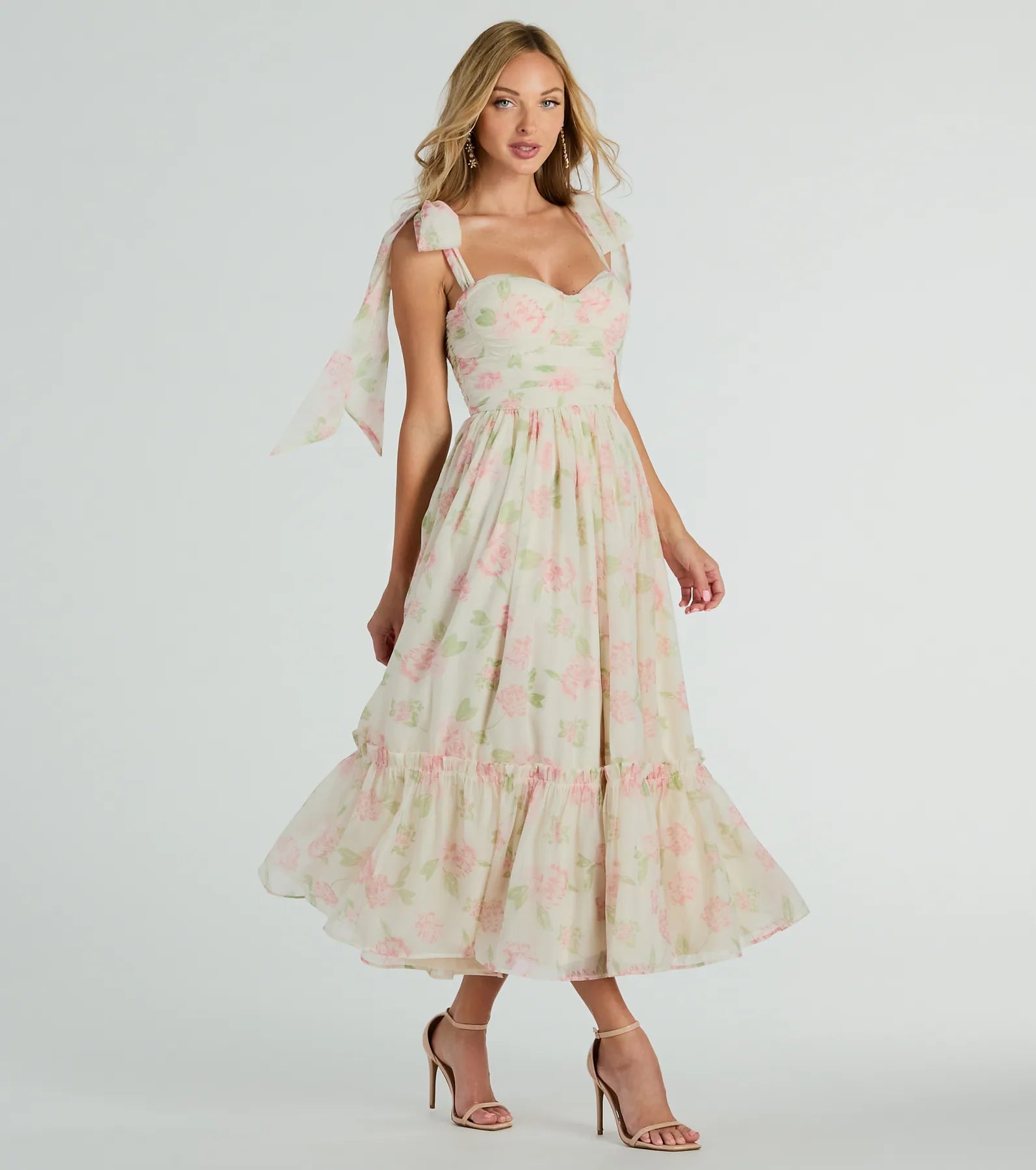 Gretchen Sweetheart Tie Floral Chiffon Midi Dress