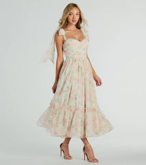 Gretchen Sweetheart Tie Floral Chiffon Midi Dress