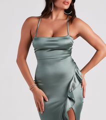 Lauren Ruffled Slit Satin Formal Dress