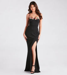 Tristin Formal Crepe Floral Applique Mermaid Dress