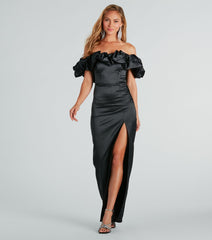 Elodie Formal Ruffled Off-The-Shoulder Satin Mermaid Dress