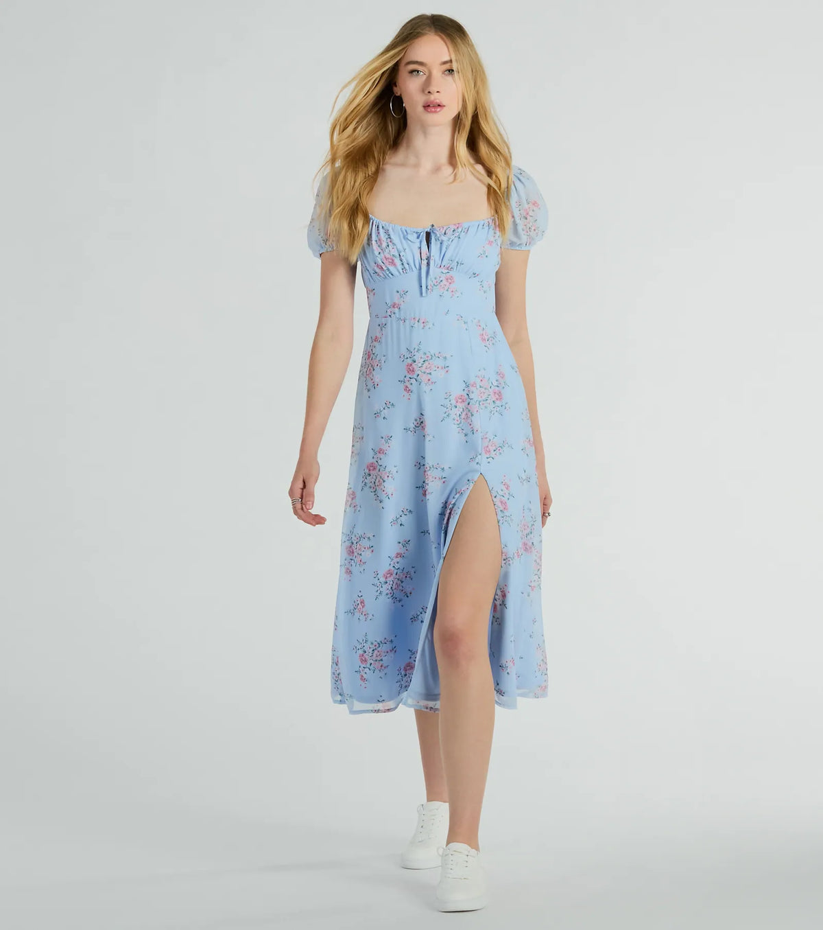 Forever Beauty Puff Sleeve Floral Chiffon Midi Dress