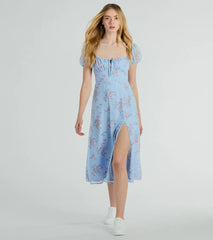 Forever Beauty Puff Sleeve Floral Chiffon Midi Dress