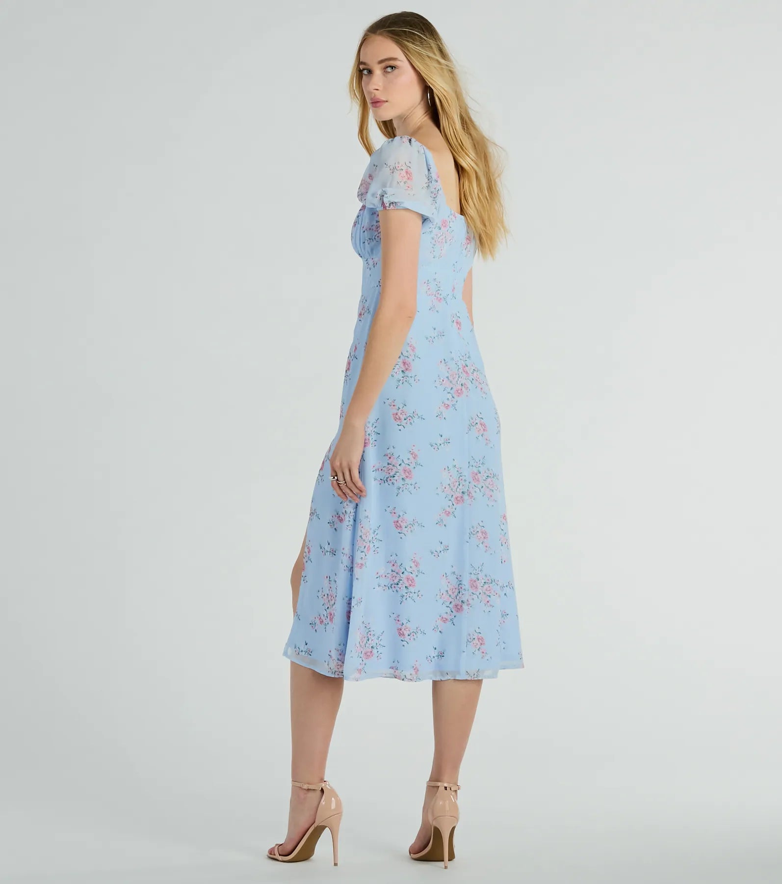 Forever Beauty Puff Sleeve Floral Chiffon Midi Dress