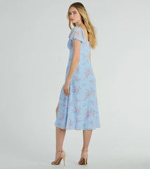 Forever Beauty Puff Sleeve Floral Chiffon Midi Dress
