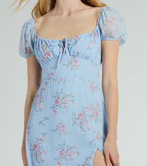 Forever Beauty Puff Sleeve Floral Chiffon Midi Dress