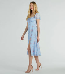 Forever Beauty Puff Sleeve Floral Chiffon Midi Dress