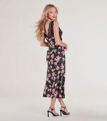 Sunset Dinner Lace V-Neck Floral Satin Midi Dress